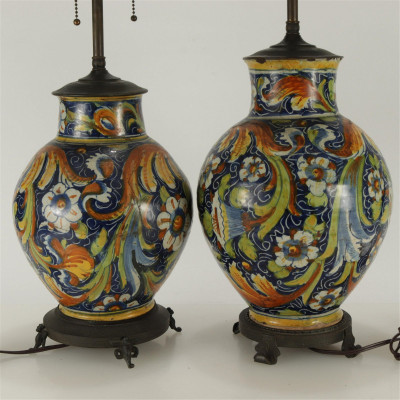 Image 6 of lot 2 Italian Majolica Vases as Table Lamps