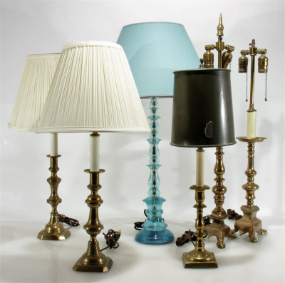 Image for Lot Cast Brass Candlestick Form Table Lamps