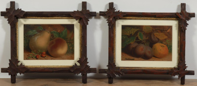 Image for Lot Pr Still Lifes of Fruit 19th C Tramp Art Frames