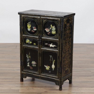 Image for Lot Chinese Stone Mounted Gilt Black Lacquer Cabinet