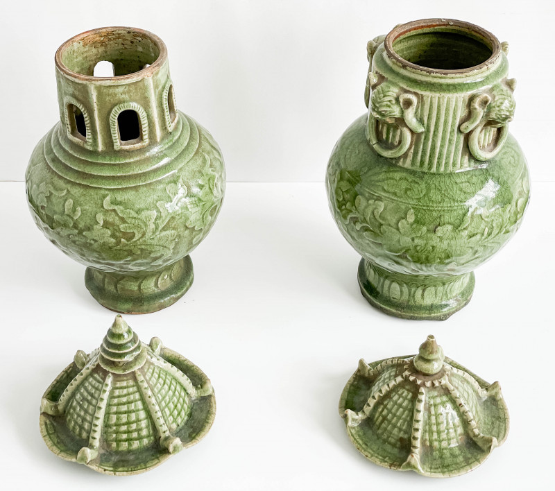 Two Chinese Celadon Glazed Ceramic Pagoda Form Vessels and Covers
