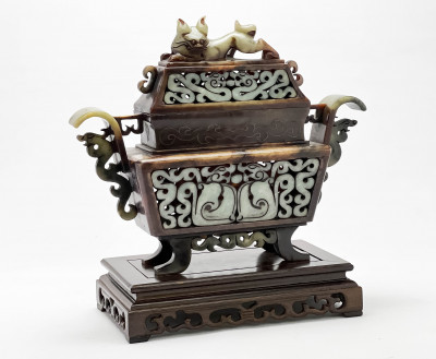 Image for Lot Chinese Carved Stone Censer and Cover with stand