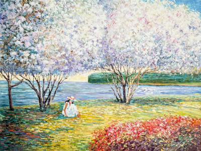 Image for Lot Charles Zhan - Woman Among Cherry Blossoms