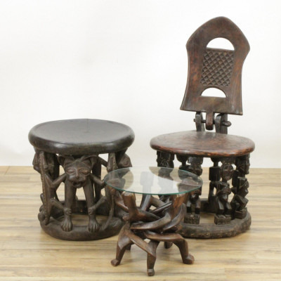 Title African Carved Stool, Chair and Table / Artist