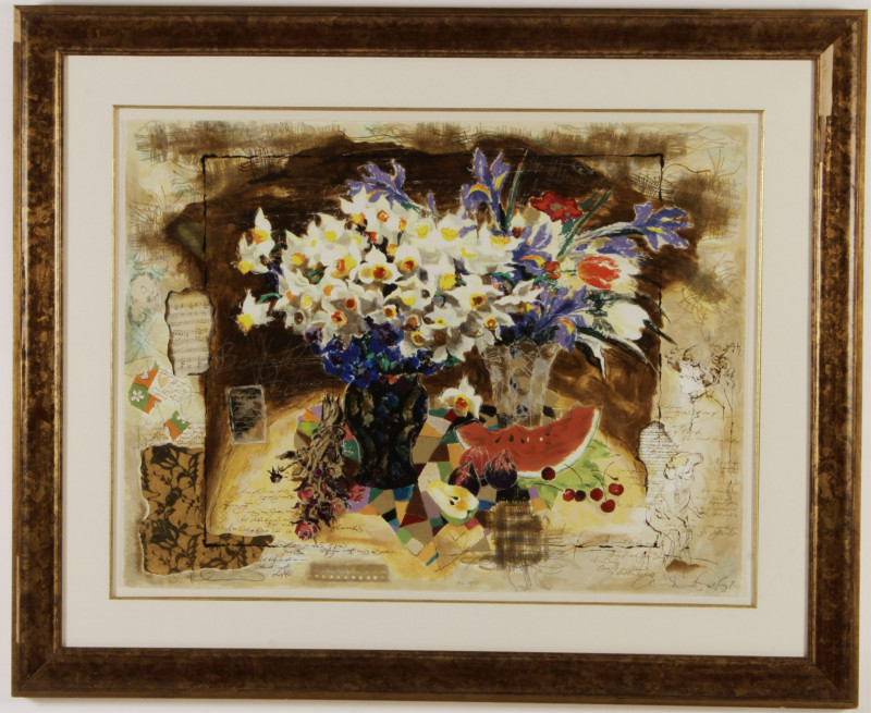Image 1 of lot 20th C. Still Life Litho, Flowers, Melon, Figures