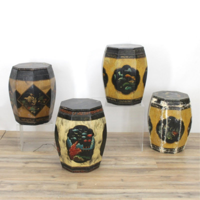 Image for Lot Four Painted Chinese Wooden Barrel Boxes