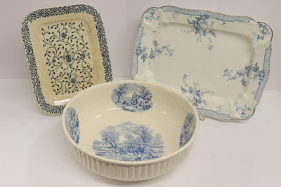 Image for Lot 3 Blue & White Transferware Platters/Bowl
