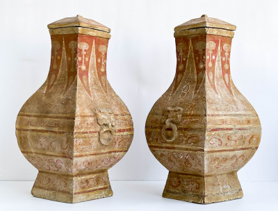 Title Pair of Chinese Painted Pottery Fanghu Form Vessels and Covers / Artist