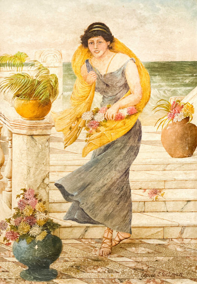 Image for Lot Oliver Stockman - Portrait of Woman with Flowers by the Sea