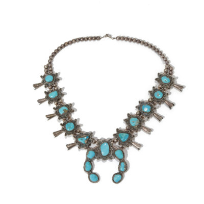 Image for Lot Navajo Silver & Turquoise Squash Blossom Necklace