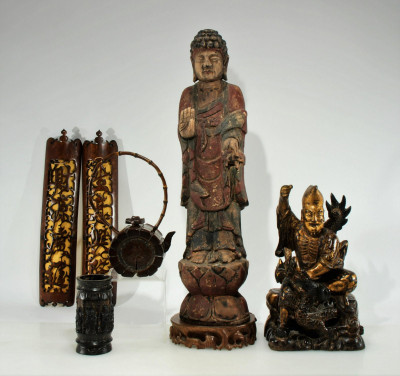 6 Chinese & Asian Carved Wood Figures & Objects