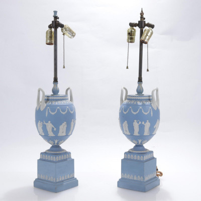 Image for Lot Pair of Wedgwood Jasperware Urns as Lamps