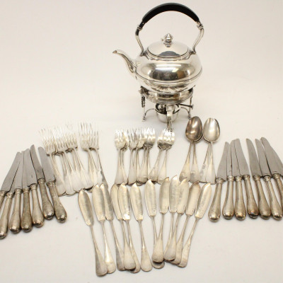 Image for Lot Art Deco Silverplate Hot Water Kettle &amp; Flatware