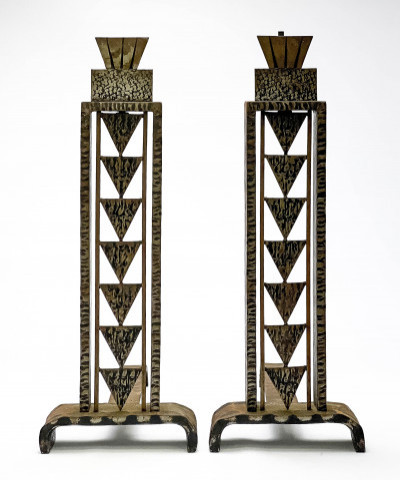 Title Pair of Art Deco Hammered Iron Andirons / Artist
