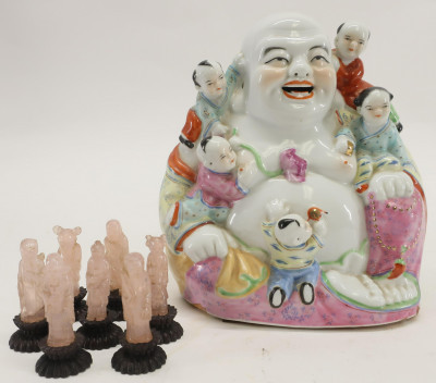 Image for Lot Porcelain Buddha Statue & Rose Quartz Figures
