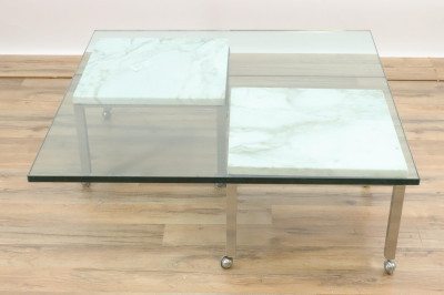 Pair Modern Low Slung Chrome And Marble Top Tables