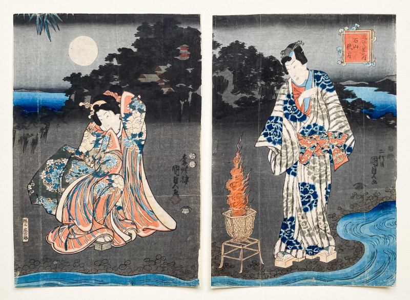 Utagawa Kunisada (Utagawa Toyokuni III) - Romantic Scene by a River, Diptych