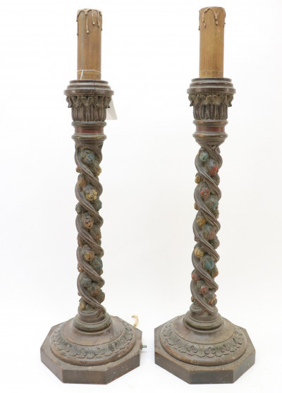 Image for Lot Pair Carved  Polychromed Table Lamps E 20th C