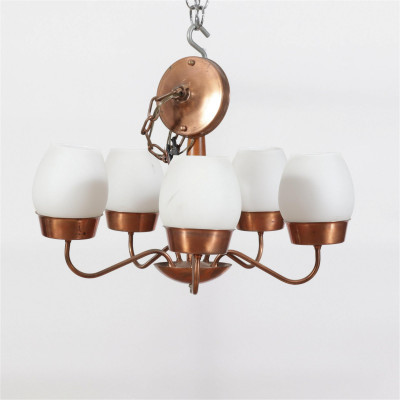 Image for Lot Mid Century Cherry & Copper 5-Light Chandelier