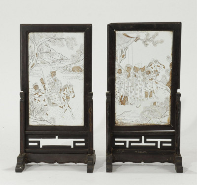 Image for Lot Pair Vintage Chinese Painted Glass Table Screens