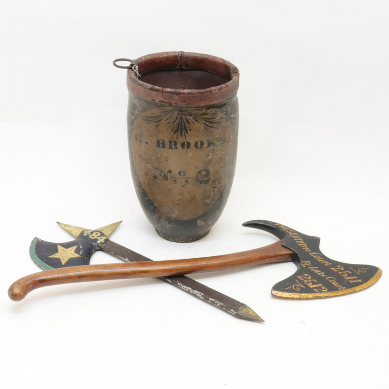 Image 1 of lot 3 Fire Company Items leather bucket  axes