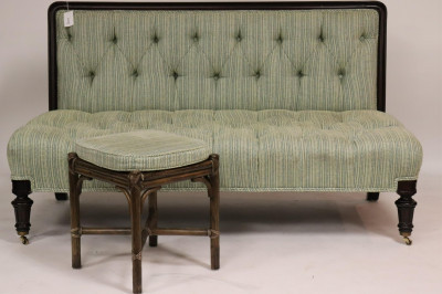 Image for Lot Victorian Wood Upholstered Settee & Rattan Stool