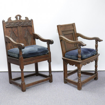 Two English Baroque Oak Wainscott Chairs