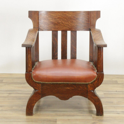 Title Oak Mission Style Leather Seat Armchair / Artist