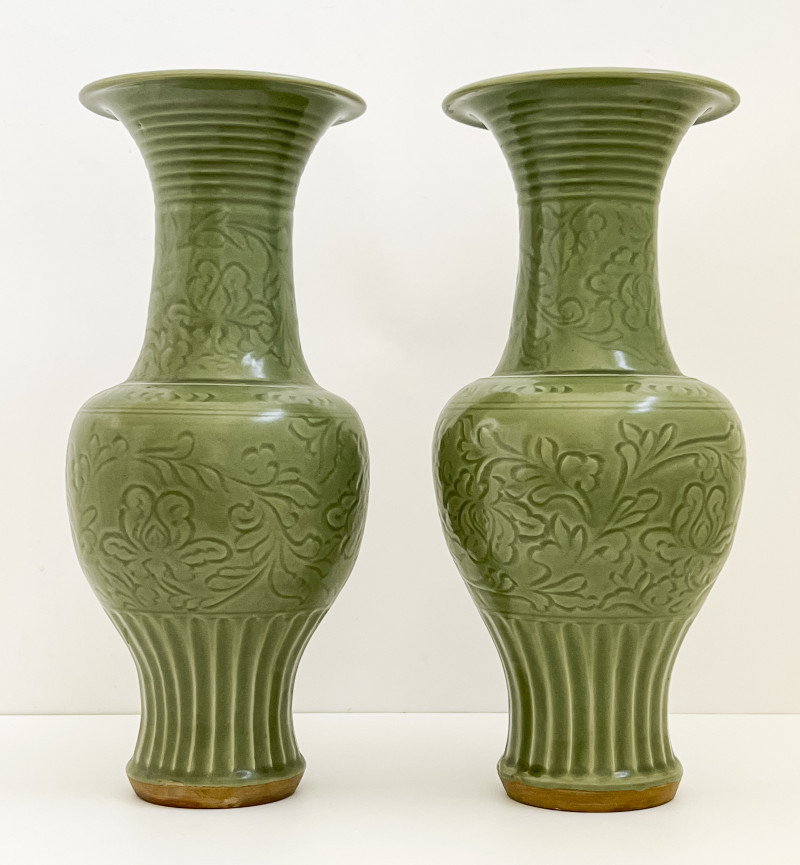 Pair of Chinese Celadon Glazed Ceramic Vases
