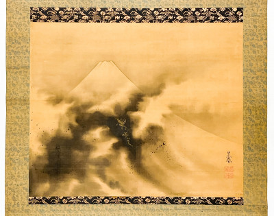 Japanese Hanging Scroll, Mt Fuji, Ink on Silk