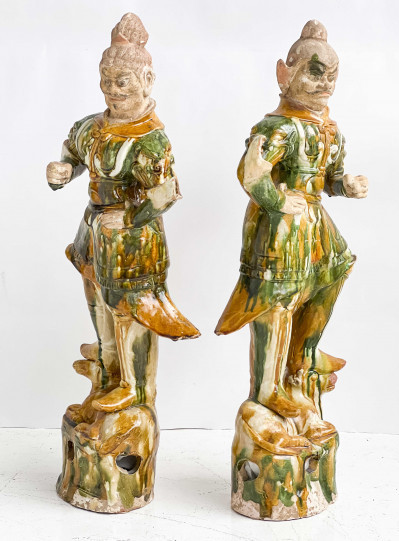 Image for Lot Pair of Chinese Large Sancai Glazed and Painted Pottery Lokapala