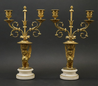Image for Lot Pair Empire Style Ormolu  Marble Candelabra