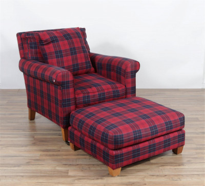 Image for Lot Ralph Lauren Red Plaid Upholstered Chair & Ottoman