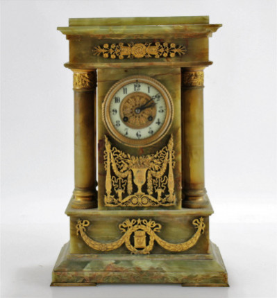 Image for Lot Tiffany Ormolu Mounted Green Onyx Mantle Clock