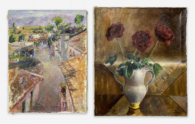 Clara Klinghoffer - Three Red Roses in a Vase / Street Scene in Taxco, Mexico (2 Works)