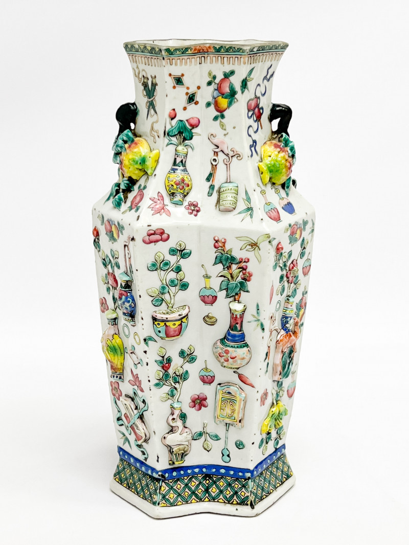 Chinese Porcelain Enamel and Relief Decorated Double Lozenge Vase