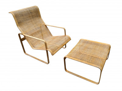 style of Harvey Probber - Woven Rattan Lounge with Ottoman