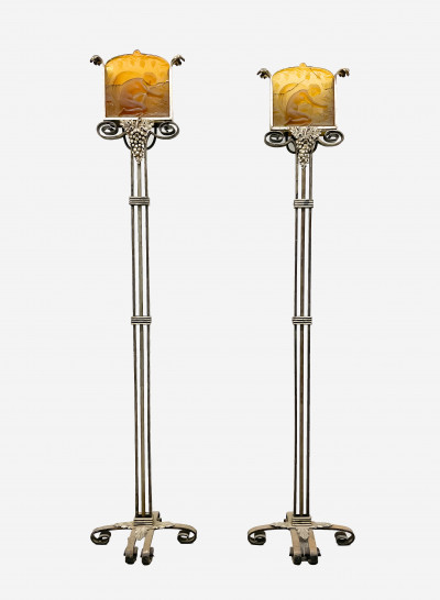 Title Pair Oscar Bach Floor Lamps with Steuben Glass Panels (Glass Damaged) / Artist
