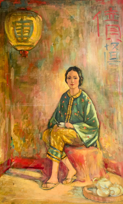 Image for Lot Artist Unknown - Portrait of Seated Woman with Tea