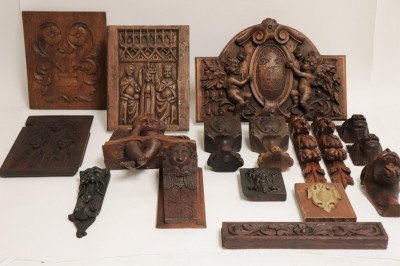 Image for Lot Figural & Decorative Carved Wood Panels, Objects