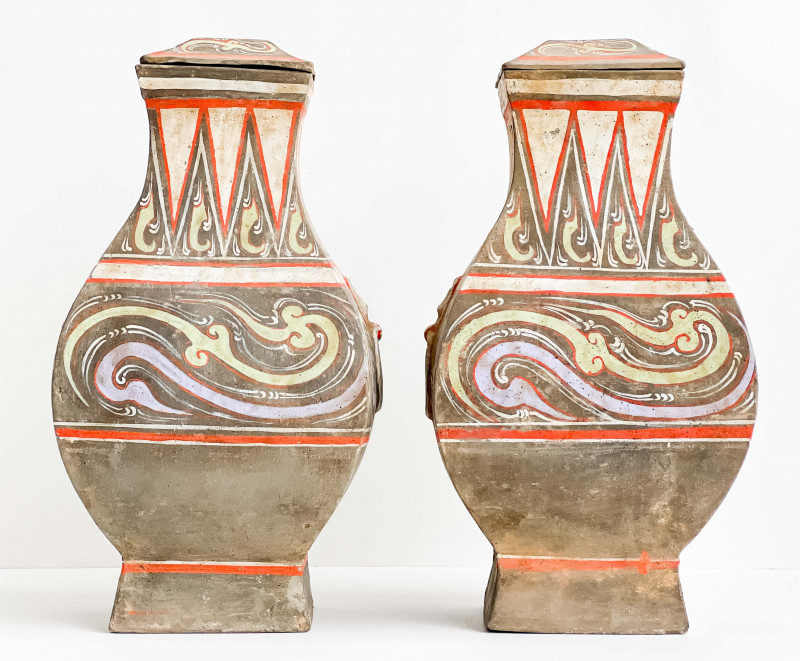 Pair of Chinese Painted Pottery Covered Vessels, Fanghu