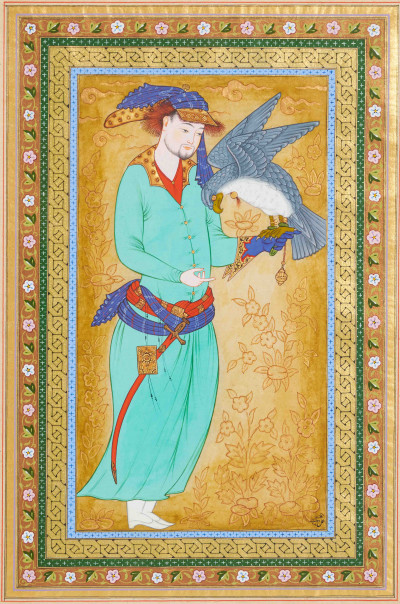 Image for Lot Mughal-Style Miniature Painting of a Falconer