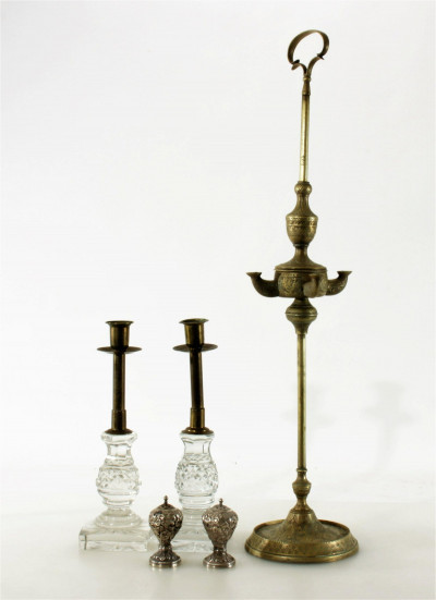 Image for Lot Pair Cut Glass Candlesticks, Oil Lamp, Salts