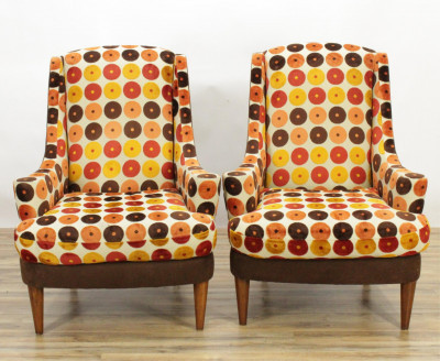 Pair Contemporary Upholstered Walnut Armchairs
