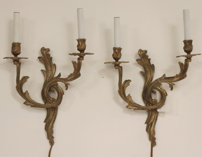 Image for Lot Pair Louis XV Style Brass 2-Light Sconces