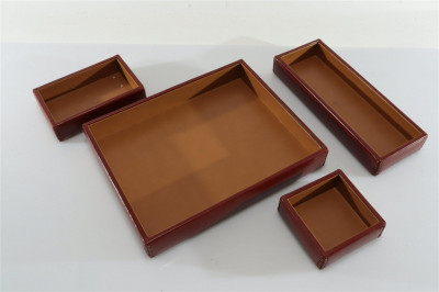 4 Hermes Style Stitched Leather Desk Trays
