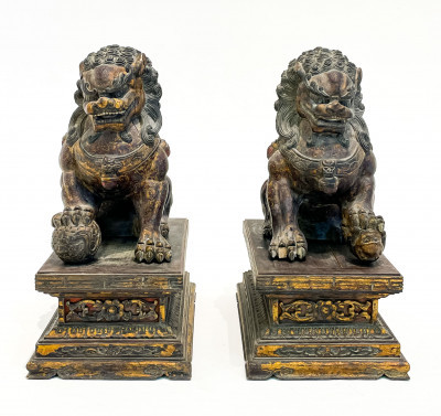 Pair of Chinese Gilt Lacquered Wood Buddhist Lions
