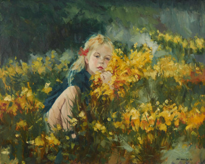Louis van der Beesen - Gathering Daffodils in the Field