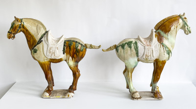 Two Chinese Sancai Glazed Caparisoned Horses