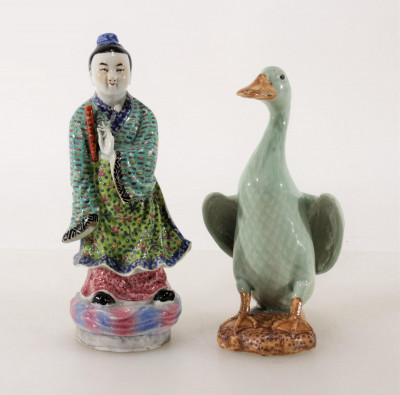 Image for Lot Chinese Porcelain Figure of a Man & Duck